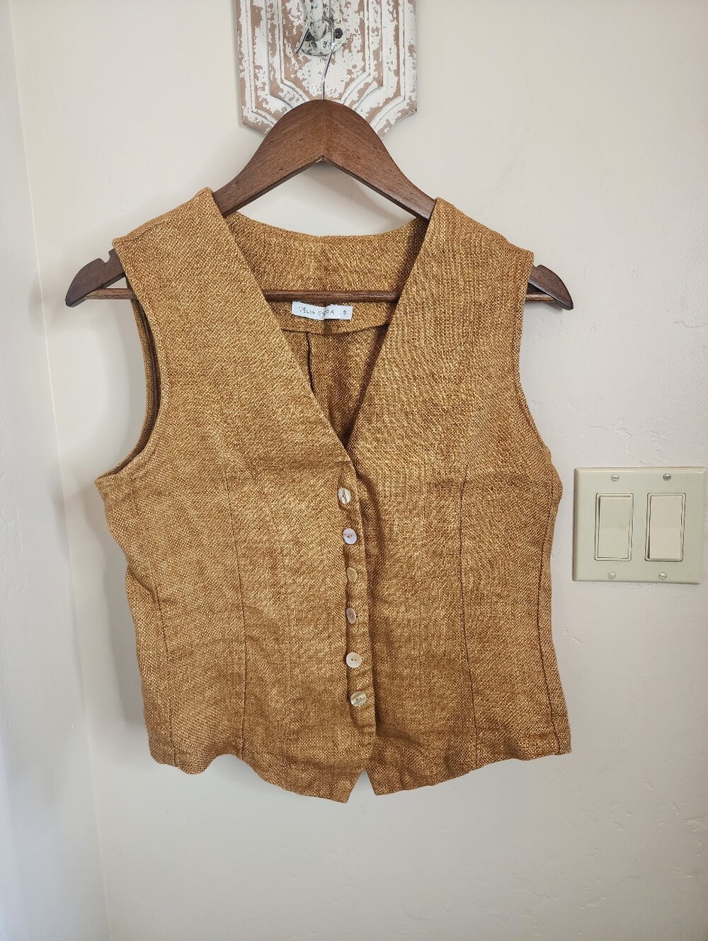 Velia Sierra Italian Linen Tailored V-Neck Short Vest Mustard Small